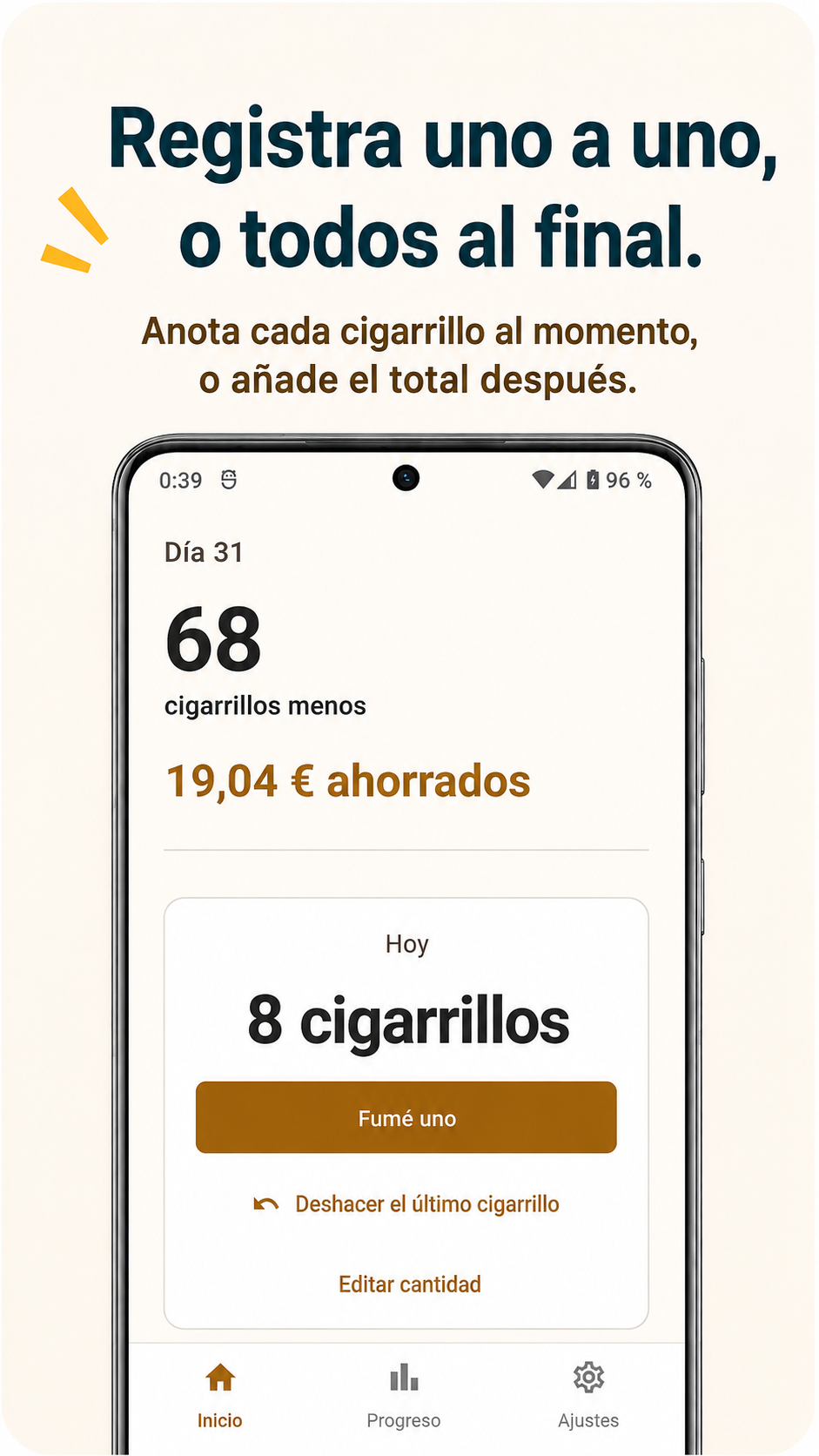 Pantalla de inicio de Fuma Menos